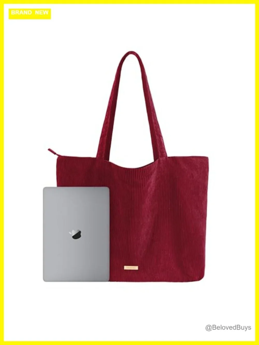 Corduroy Tote Bag with Zipper, Interior Pockets, Machine Washable, Fits Laptop